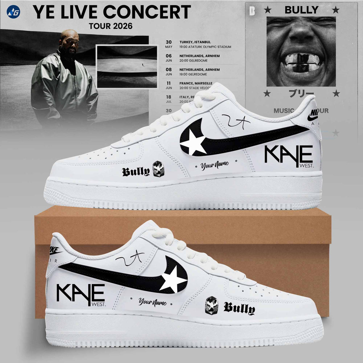 Bully Live Concert Tour 2026 Personalized 3D Custom Sneakers - White & Black Edition