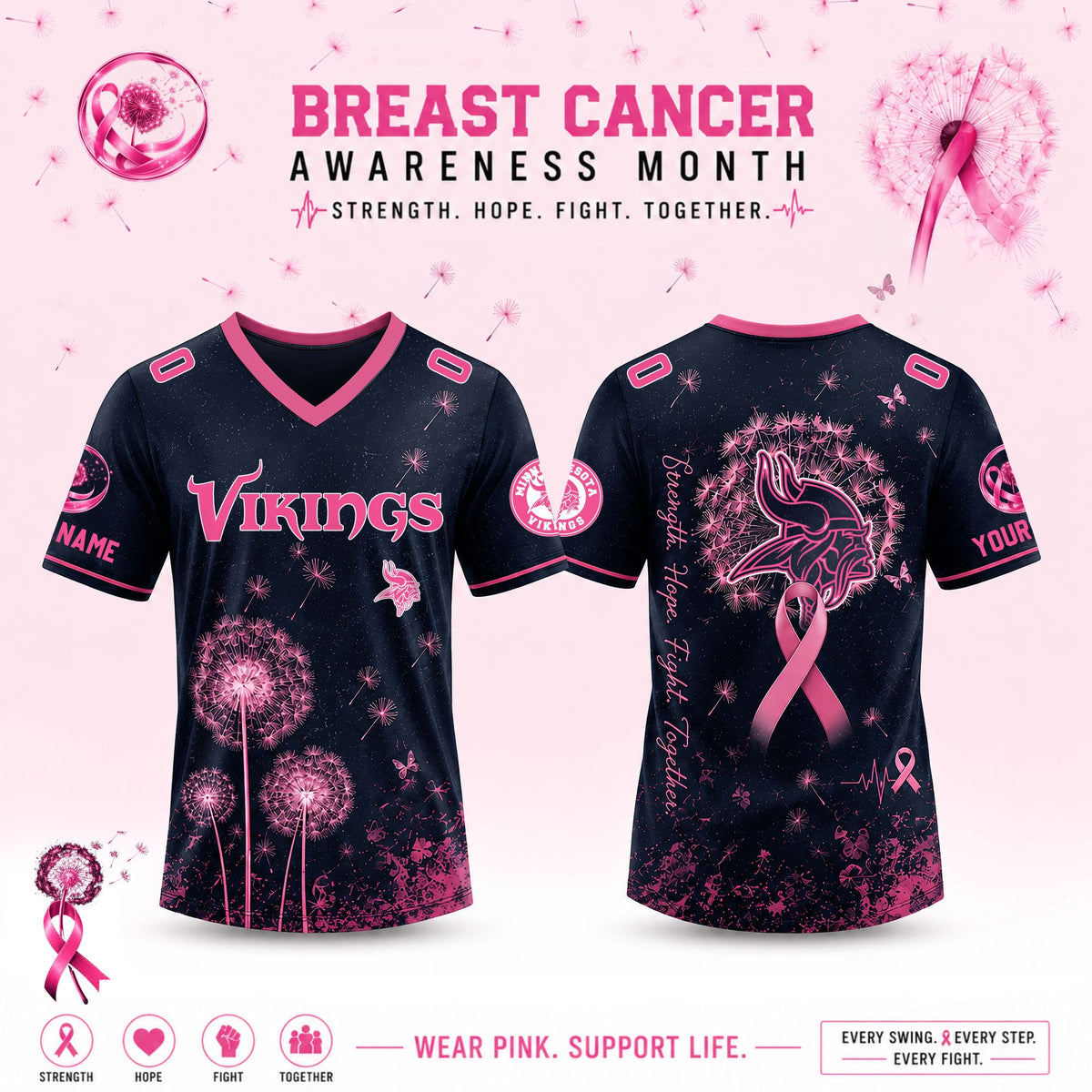 Limited Edition Minnesota Vikings 2026 Breast Cancer Awareness x Dandelion of Hope V-neck Short Sleeve Jersey