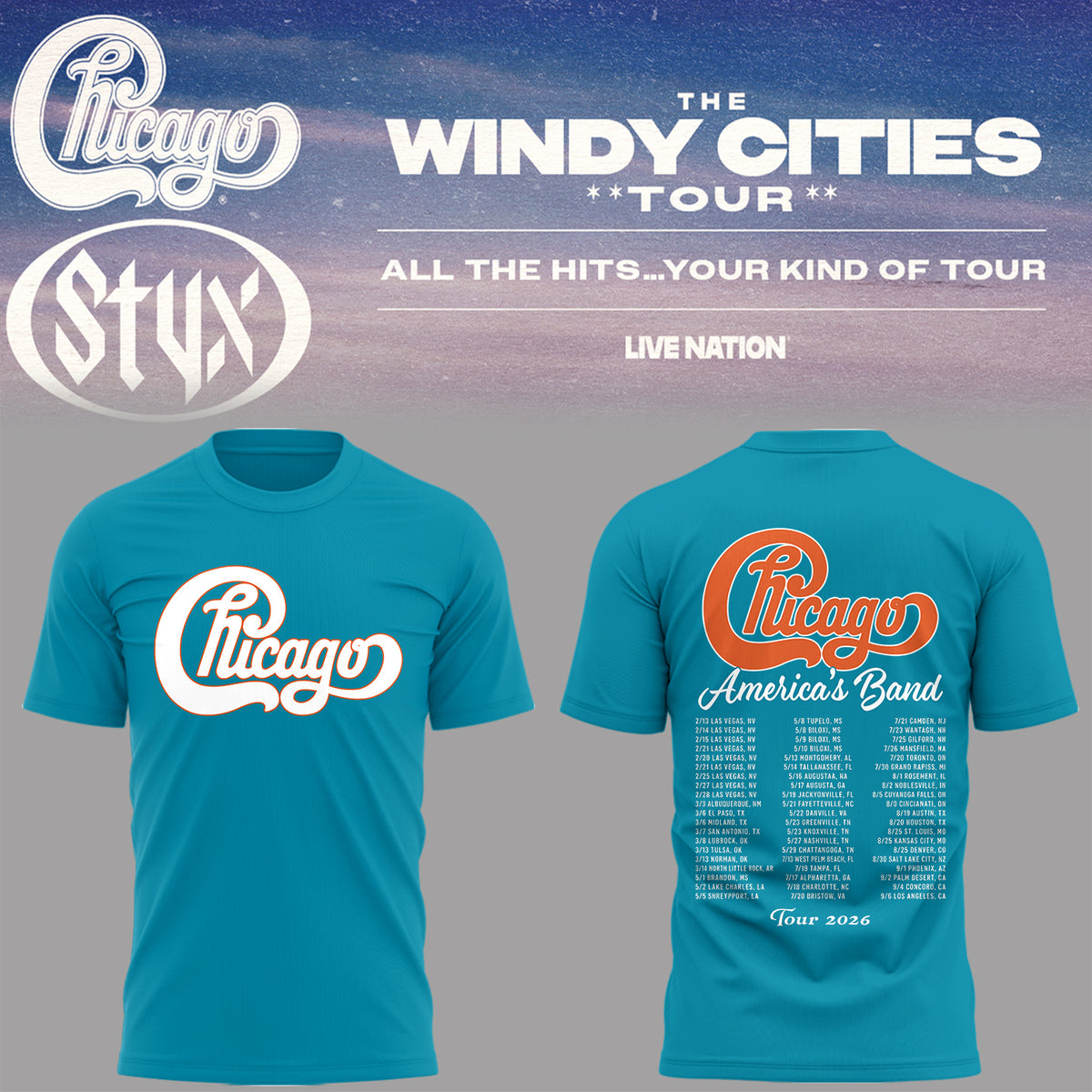 Limited Edition The Windy Cities Tour – All The Hits… Your Kind of Tour T-Shirt