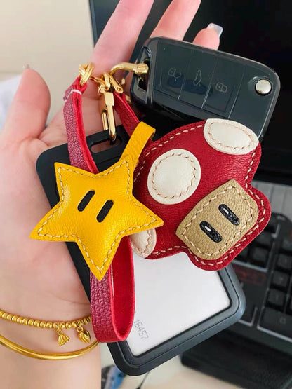 Star and Leather Mushroom bag Charm,Leather Bag Charm, Leather Handbag and Purse Charm, Cute Mushroom and Star Keychain,Unique Gift for her