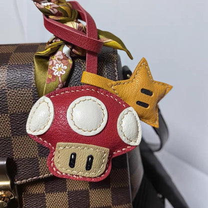 Star and Leather Mushroom bag Charm,Leather Bag Charm, Leather Handbag and Purse Charm, Cute Mushroom and Star Keychain,Unique Gift for her
