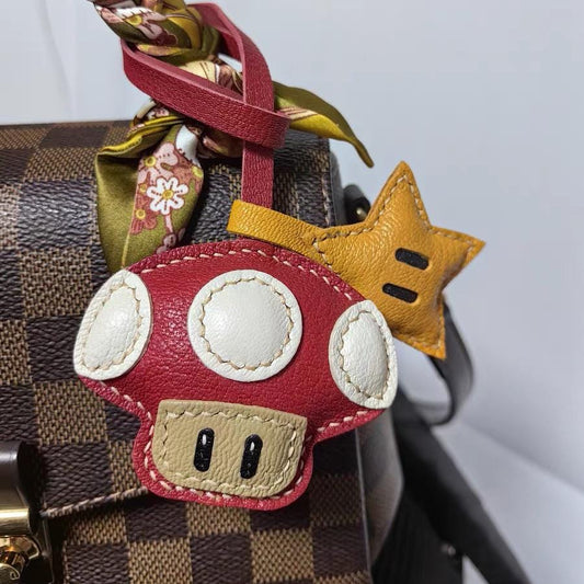 Star and Leather Mushroom bag Charm,Leather Bag Charm, Leather Handbag and Purse Charm, Cute Mushroom and Star Keychain,Unique Gift for her