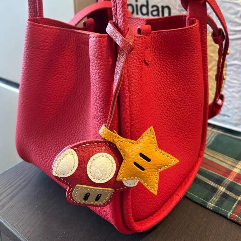 Star and Leather Mushroom bag Charm,Leather Bag Charm, Leather Handbag and Purse Charm, Cute Mushroom and Star Keychain,Unique Gift for her