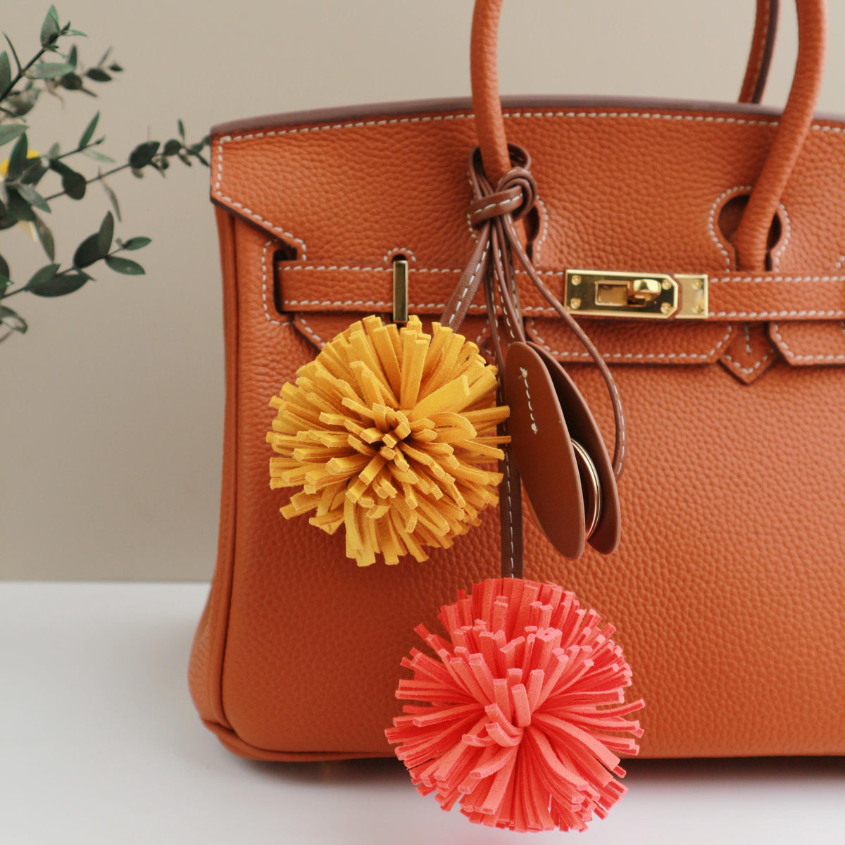 Handmade Leather Orange  Pompom Charm, Handmade Floral Charm, Cute Flower Leather Handbag/ Purse Charm, Flower Keychain,gift for her
