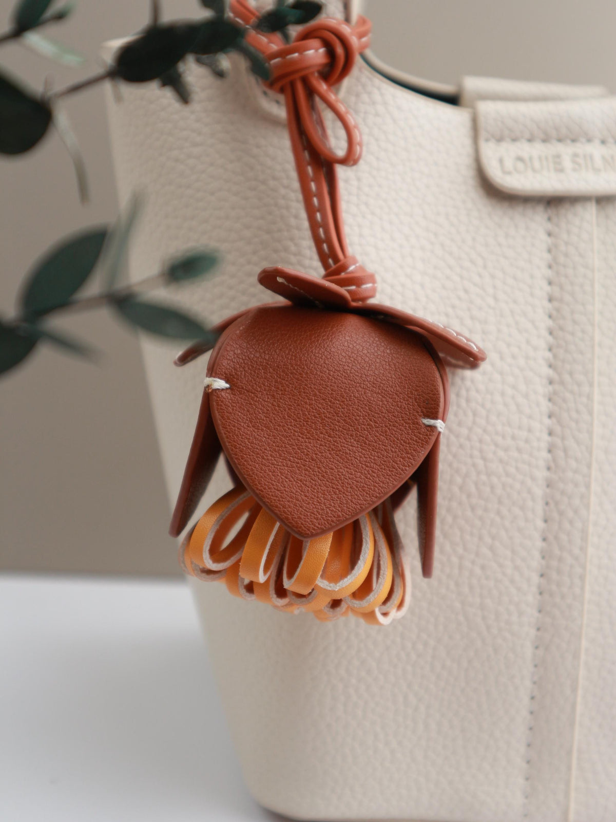 Handmade Leather Orange  Pompom Charm, Handmade Floral Charm, Cute Flower Leather Handbag/ Purse Charm, Flower Keychain,gift for her