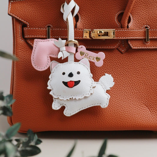 Leather Dog Charm, Handmade Pomeranian Bag Charm, Cute Dog Leather Handbag and Purse Charm, Dog Keychain,Handmade Unique Bag Charm
